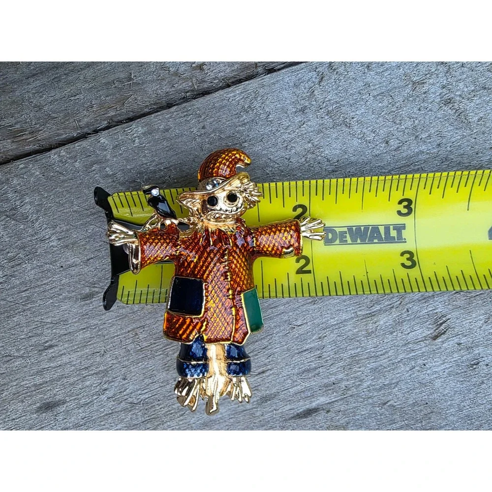 Scarecrow Brooch Gold Tone Enamel Fall Autumn Crow Rhinestone Pin